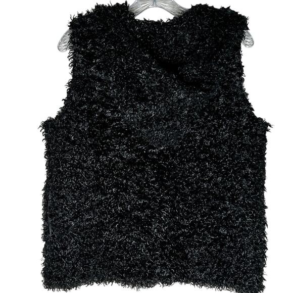 Sharagano Studio Fuzzy Black Vest Petite Large with Hood and Pockets - Picture 2 of 6